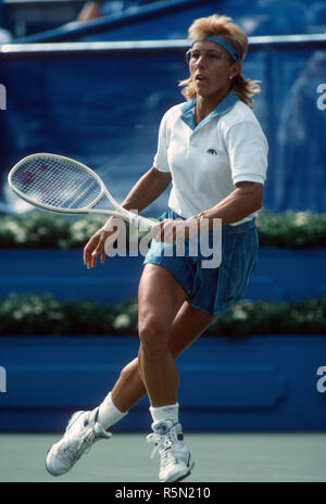 Martina Navratilova in Aktion während der 1988 US Open in Flushing Meadows, Stockfoto