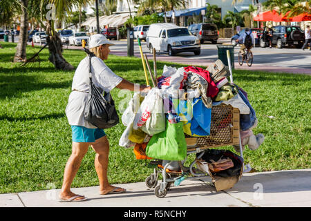 Miami Beach Florida, Lummus Park, Frau weibliche Frauen, obdachlos, vagrant, schlafend rau, Shopping Shopper Shopper Shop Geschäfte Markt Märkte Markt kaufen Stockfoto