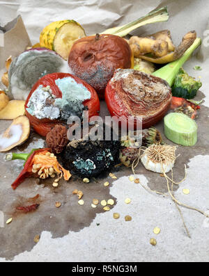 Â schimmeliges Obst und Gemüse auf grauem Papier Stockfoto