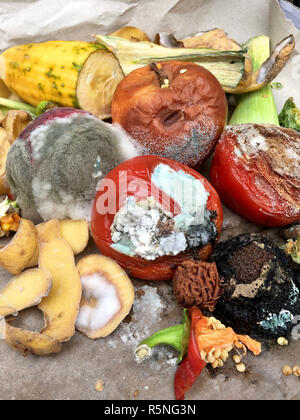 Â schimmeliges Obst und Gemüse auf grauem Papier Stockfoto