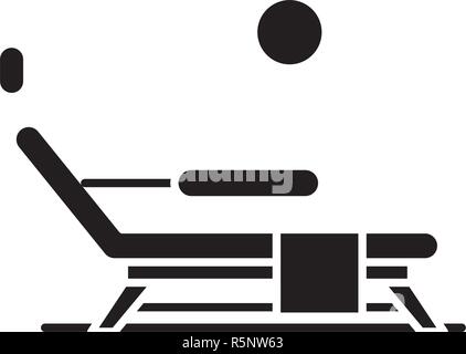 Sonnenliege am Strand schwarze Symbol, Vektor Zeichen auf isolierten Hintergrund. Sonnenliege am Strand Konzept Symbol, Abbildung Stock Vektor