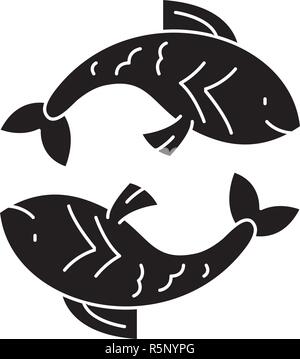 Fische Sternzeichen schwarze Symbol, Vektor Zeichen auf isolierten Hintergrund. Fische Sternzeichen Konzept Symbol, Abbildung Stock Vektor