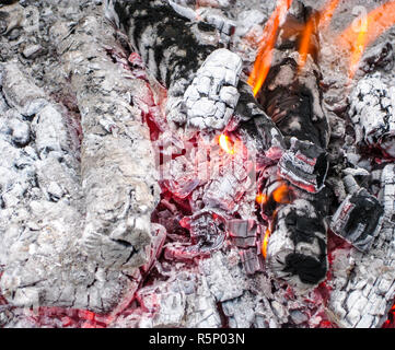 Glühende Kohlen im Grill. Brennende Feuer nach einem Shish Kebab. Stockfoto