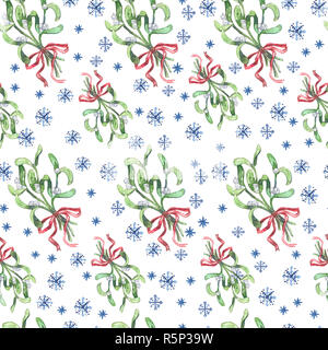 Aquarell Weihnachten nahtlose Muster mit Mistel und Schneeflocken. Stockfoto