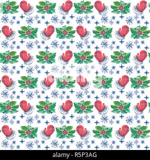 Aquarell Weihnachten nahtlose Muster mit roten Handschuhe, Beeren und Zweige von Holly und Schneeflocken. In gestaffelten bestellen. Stockfoto