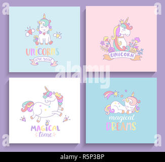 Satz von magischen Einhörner Grußkarten. Stockfoto