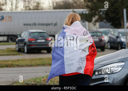 Lauterbourg, Frankreich. 01 Dez, 2018. Eine Demonstrantin trägt eine französische Flagge über ihre Schultern. Rund 100 Französische gelbe Weste Aktivisten protestierten am Französischen deutschen Grenzübergang bei Lauterbourg gegen die französische Regierung und die Erhöhung der Mineralölsteuer. Sie wurden von rund 30 Aktivisten der Deutschen rechten Frauen Bündnis Kandel unterstützt. Sie waren Teil der grösseren gelbe Weste Protestbewegung in Frankreich. Quelle: Michael Debets/Pacific Press/Alamy leben Nachrichten Stockfoto