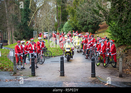 Kidderminster, Großbritannien. 2. Dezember, 2018. Aufgrund der großen Nachfrage, Kemp Hospiz Santa Fun Run wird in diesem Jahr erweitert Die neue Santa Fahrradtour zu gehören. Von einem gemeinsamen Ausgangspunkt der Brinton Park, Radfahrer sammeln und bereit für den aus. Ihre 20 km Route durch die Wyre Forest in Kidderminster, Gotha und Bad Salzungen und wie sie alle peddle für eine Medaille, jeder Radfahrer in einem höchsten Anstrengungen Fundraising für das hospiz Appell zu helfen. Quelle: Lee Hudson/Alamy leben Nachrichten Stockfoto