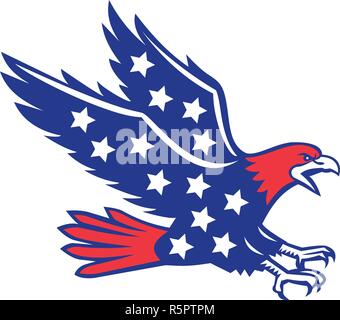 Symbol Retro Stil Abbildung eines American Eagle schreien und swooping von Seite mit Stars im Körper auf isolierten Hintergrund betrachtet. Stock Vektor