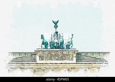 Ein Aquarell Skizze oder Abbildung: Das Brandenburger Tor in Berlin, Deutschland. Architektonisches Monument, das sich im historischen Zentrum von Berlin. Stockfoto