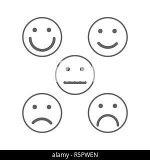 Gesicht Emoticons für Rate von Zufriedenheit, fünf einfachen grauen grade Smileys isoliert auf weißem Stock Vektor