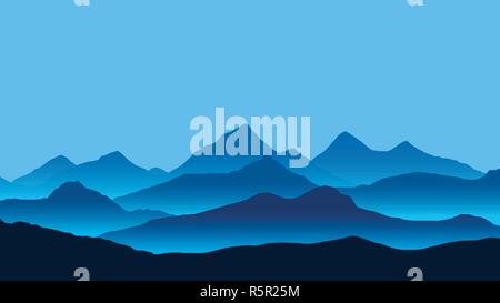 Realistische Darstellung der Berglandschaft mit Nebel unter blauem Himmel - Vektor Stock Vektor