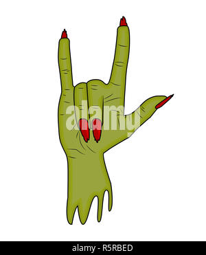 Zombie Hand Hörner, satan Zeichen Finger oben-Geste halloween Vektor. realistische Cartoon Illustration auf weißem Hintergrund. Bild von scary Monster hand mit zerrissenen, Riven grüne Haut. Stockfoto