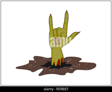 Zombie Hand Hörner, satan Zeichen aus dem Boden halloween Vektor. realistische Cartoon Illustration auf weißem Hintergrund. Bild von scary Monster Finger oben-Geste Stockfoto