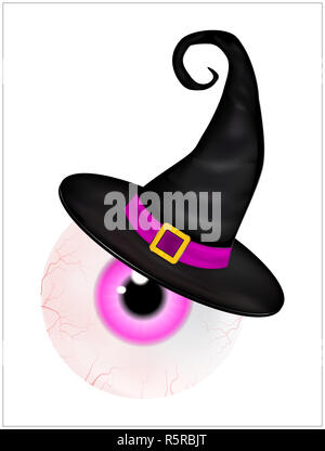 Bild von Halloween gespenstisch, unheimlich, realistische menschlichen Augapfel mit bunten Pupille, Iris, in der Hut. Vector Illustration isoliert auf weißem Hintergrund. Stockfoto