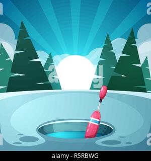 Winter Nacht Landschaft. Schwimmen, Angeln, Eis. Stock Vektor