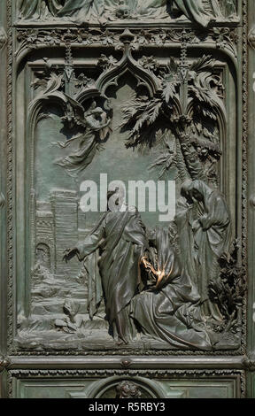 Jesus nimmt Abschied von seiner Mutter, Detail der wichtigsten bronze Tür der Mailänder Dom, Duomo di Santa Maria Nascente, Mailand, Lombardei, Italien Stockfoto