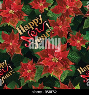 Vektor nahtlose Weihnachten Vintage Style Muster mit blühenden Weihnachtsstern und hand Schrift Stock Vektor