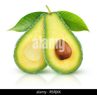 Isolierte Avocado. Zwei avocado Hälften auf weißem Hintergrund mit Freistellungspfad isoliert Stockfoto