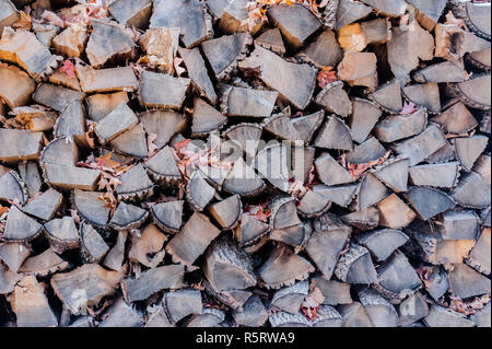 Brennholz mit Herbst Blätter gestapelt. Stockfoto