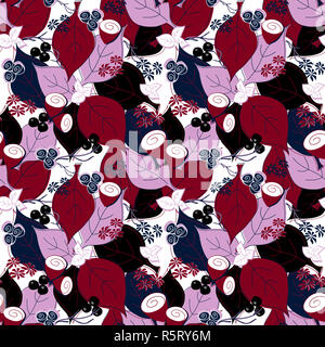 Beeren Blätter und Blüten violett weiss schwarz blau nahtlose Muster. Stockfoto