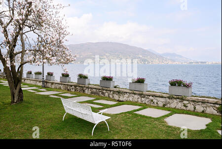 Eine leere Bank durch das Meer im Frühjahr Stockfoto