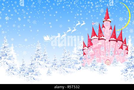 Cartoon rosa Schloss auf dem Hintergrund der Winter schneebedeckten Wald. Winterlandschaft mit einem rosa Schloss im Wald, Schnee, Nacht, Mond. Stock Vektor