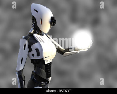 3D-Rendering für eine weibliche Android Roboter holding Energiekugel. Stockfoto