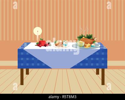 Thanksgiving Tabelle mit gebratener Truthahn und Essen über orange Hintergrund, farbenfrohen Design, Vektor, Abbildung Stock Vektor