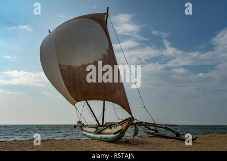 Outrigger Segelboot auf Negombo Beach, in der Nähe von Colombo, Sri Lanka Stockfoto