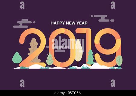 Frohes neues Jahr 2019 text Design mit Blätter Hintergrund. Gradienten- und Cognac flache Bauform. Vector Illustration. Stock Vektor