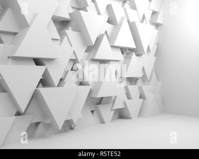 Abstrakte leer innen weiß Hintergrund mit chaotischen Extrudierte dreieckiges Muster an der Wand, 3D-Rendering illustration Stockfoto