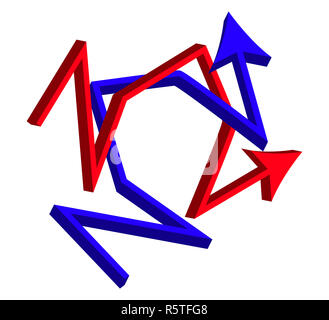 Schneidende Richtungspfeile. gekreuzt 3d Symbol Geschäftskonzept. Vector Illustration auf weißem Hintergrund. Stockfoto