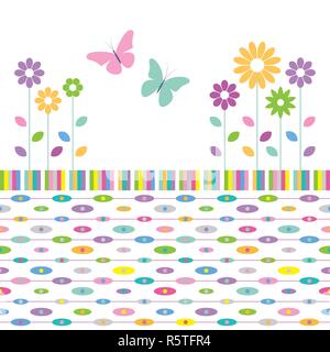 Lila gelb grün und rosa Blüten und Schmetterlinge die Grenze auf bunte Ellipsen abstrakte Muster Hintergrund Stock Vektor