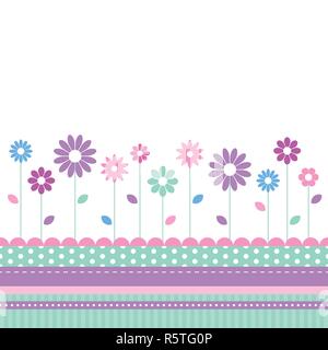 Rosa, Violett, Lila, Blau und Grün Blumen Grußkarte mit bunt gestreiften und Polka Dot Rand auf weißem Hintergrund Stock Vektor