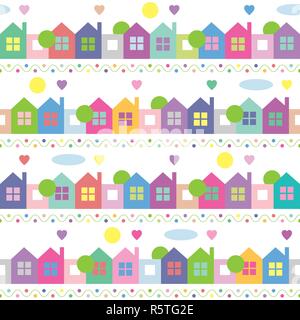 Blau Orange Violett Pink und Grün Häuser Bäume herzen Sonne dots und Wolken Abbildung auf weißem Hintergrund Stock Vektor