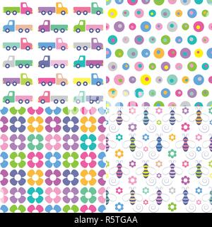 Rosa, Blau, Lila, Grün, Gelb und Weiß Lkw, Polka Dot, Blumen und Bienen Schnittplan eingestellt ist Stock Vektor