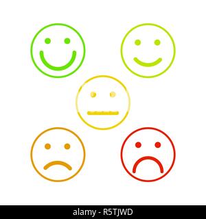 Gesicht Emoticons für Rate von Zufriedenheit, fünf Umrisse bunte grade Smileys isoliert auf weißem Stock Vektor