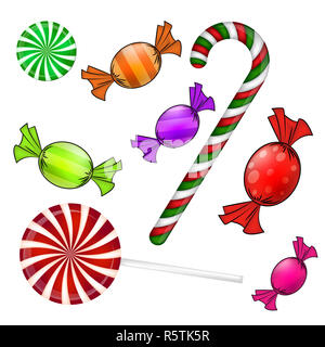 Weihnachten candy eingestellt. Bunt verpackt Süß, Lollipop, Zuckerrohr. Vector Illustration isoliert auf einem weißen Hintergrund. Stockfoto