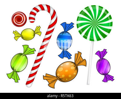 Weihnachten candy eingestellt. Bunt verpackt Süß, Lollipop, Zuckerrohr. Vector Illustration isoliert auf einem weißen Hintergrund. Stockfoto