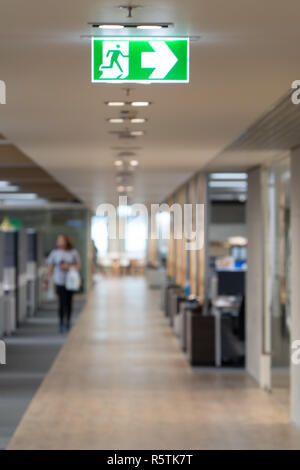 Grüne Notausgang Schild hängen an der Decke im Büro. Stockfoto