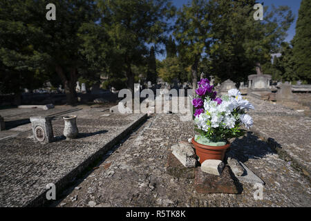 Blumen schmücken ein Grab im Friedhof Almudena in Madrid während der am 1. November feiern für Allerheiligen, ein katholischer Feiertag, wo Menschen Friedhöfe im ganzen Land besuchen Sie Respekt zu verstorbenen Verwandten zu bezahlen. Mit: Atmosphäre, Wo: Madrid, Spanien Wann: 01.November 2018 Quelle: Oscar Gonzalez/WENN.com Stockfoto