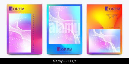 Vektor design Vorlage in trendigen lebendigen Farbverläufe mit abstrakten fließenden Formen. Futuristische wissenschaftliche Poster, Banner, Broschüren, Flyer und Cover Design mit Molekül, Linien und Punkte Stock Vektor