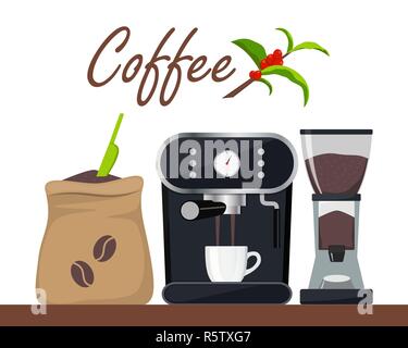 Coffee Shop oder Café design Illustration mit Kaffeemaschine, Sack mit Bohnen, Schleifer, Schale. Ast mit Blättern und Beeren. Werbung de Stock Vektor