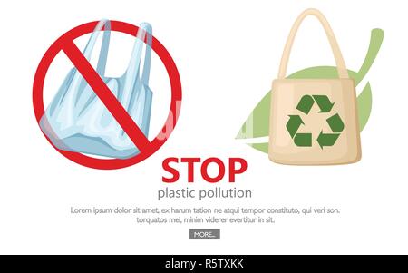 Stop Kunststoff Umweltverschmutzung. Keine Plastiktüten Symbol. Speichern ökologie Logo. Beiger Stoff Stoff oder Papier Beutel mit grünen Blättern auf den Hintergrund. Flache Vektor illust Stock Vektor