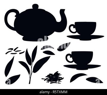 Schwarze Silhouette. Frische Teeblätter und Stapel trocken Tee. Transparente Glas Teekanne und Tassen mit schwarzem Kaffee, für Design, Werbung und Verpackung. Flache vec Stock Vektor