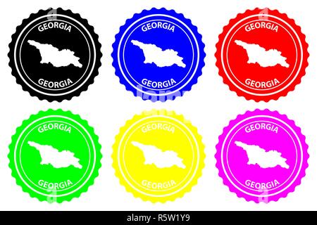 Georgien - Stempel - Vektor, Georgien Karte Muster - Aufkleber - Schwarz, Grün, Gelb, Violett, Blau und Rot Stock Vektor