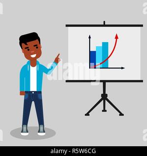 Junge afrikanische amerikanische steht in der Nähe von Flipchart am Erfolg Grafik zeigt. Erfolgreiches Projekt Konzept Stock Vektor