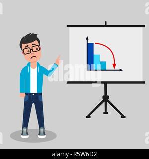 Junge geek steht in der Nähe von Flipchart auf die abnehmende Grafik zeigt. Negative trend Konzept Stock Vektor