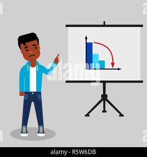 Junge afrikanische amerikanische steht in der Nähe von Flipchart auf die abnehmende Grafik zeigt. Negative trend Konzept Stock Vektor